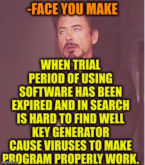 -So, what a cost? | -FACE YOU MAKE; WHEN TRIAL PERIOD OF USING SOFTWARE HAS BEEN EXPIRED AND IN SEARCH IS HARD TO FIND WELL KEY GENERATOR CAUSE VIRUSES TO MAKE PROGRAM PROPERLY WORK. | image tagged in memes,face you make robert downey jr,software,trial,period,keys | made w/ Imgflip meme maker