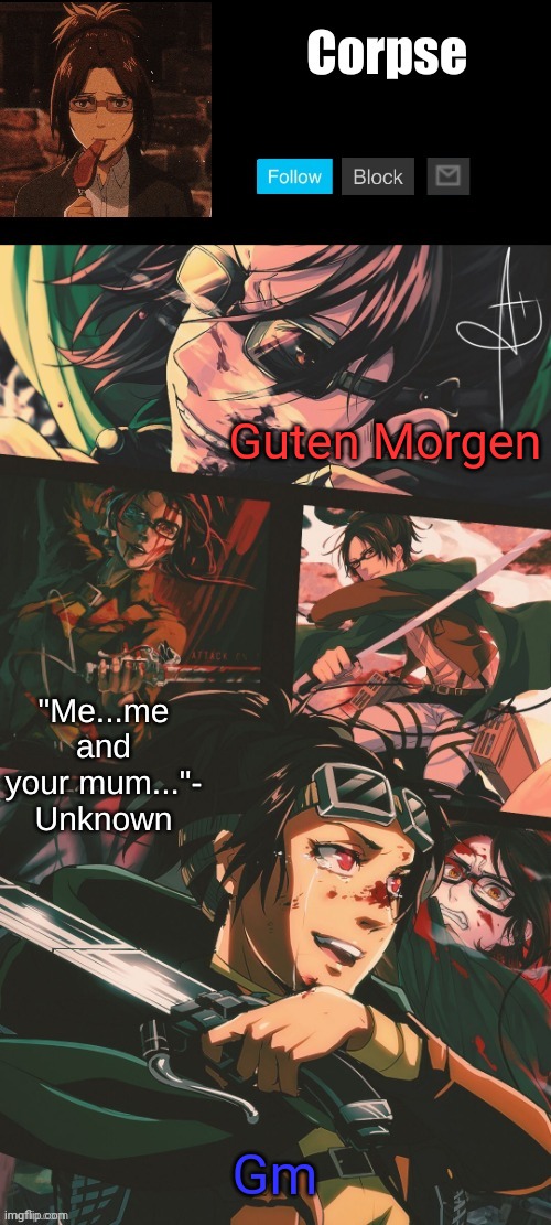 Hanji my beloved | Guten Morgen; Gm | image tagged in hanji my beloved | made w/ Imgflip meme maker