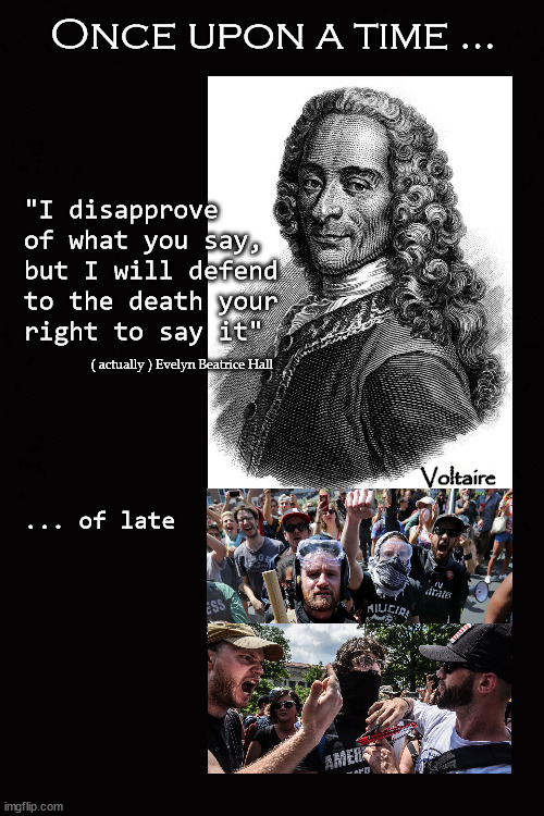 "I disapprove  of what you say ..." | Once upon a time ... "I disapprove 
of what you say, 
but I will defend 
to the death your 
right to say it"; ( actually ) Evelyn Beatrice Hall; Voltaire; ... of late | image tagged in voltaire | made w/ Imgflip meme maker