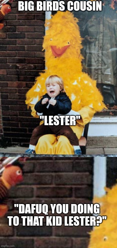 CREEPY LESTER | BIG BIRDS COUSIN; "LESTER"; "DAFUQ YOU DOING TO THAT KID LESTER?" | image tagged in sesame street,big bird,cursed image,creepy | made w/ Imgflip meme maker