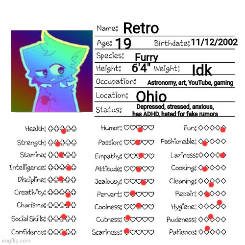Chart filling go brrrr | Retro; 11/12/2002; 19; Furry; 6'4"; Idk; Astronomy, art, YouTube, gaming; Ohio; Depressed, stressed, anxious, has ADHD, hated for fake rumors | image tagged in profile card | made w/ Imgflip meme maker