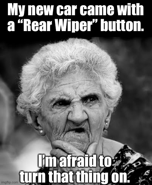 Rear Wiper | My new car came with a “Rear Wiper” button. I’m afraid to turn that thing on. | image tagged in skeptical old lady | made w/ Imgflip meme maker