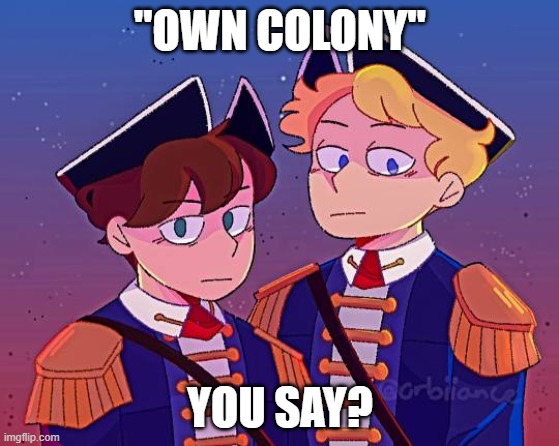 tommy and tubbo stare | "OWN COLONY" YOU SAY? | image tagged in tommy and tubbo stare | made w/ Imgflip meme maker