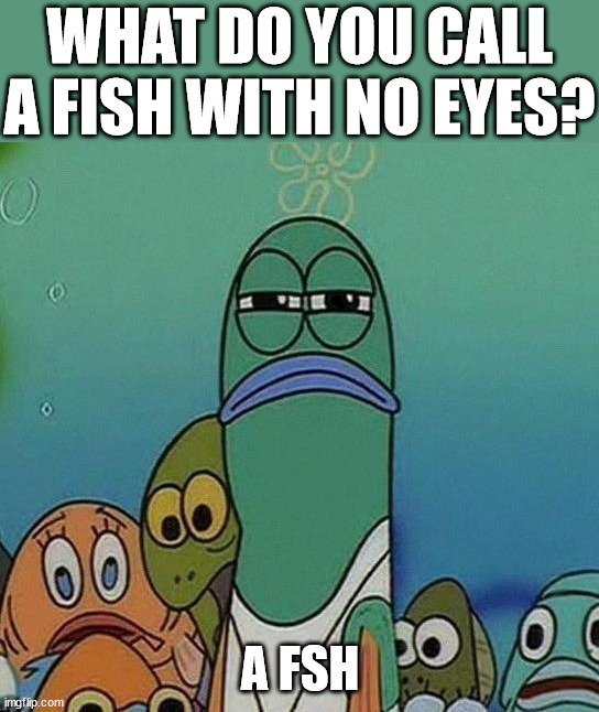 SpongeBob | WHAT DO YOU CALL A FISH WITH NO EYES? A FSH | image tagged in spongebob,eye roll | made w/ Imgflip meme maker