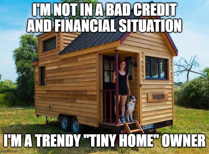 Tiny House Hunters | I'M NOT IN A BAD CREDIT AND FINANCIAL SITUATION I'M A TRENDY "TINY HOME" OWNER | image tagged in tiny house hunters | made w/ Imgflip meme maker