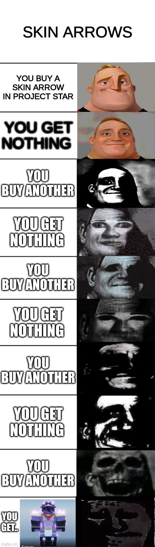 :( | SKIN ARROWS; YOU BUY A SKIN ARROW IN PROJECT STAR; YOU GET NOTHING; YOU BUY ANOTHER; YOU GET NOTHING; YOU BUY ANOTHER; YOU GET NOTHING; YOU BUY ANOTHER; YOU GET NOTHING; YOU BUY ANOTHER; YOU GET.. | image tagged in mr incredible becoming uncanny | made w/ Imgflip meme maker