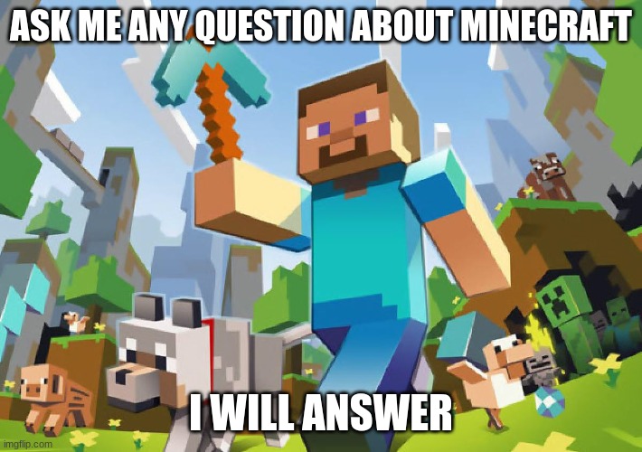 Ask me! | ASK ME ANY QUESTIONS ABOUT MINECRAFT; I WILL ANSWER | image tagged in minecraft | made w/ Imgflip meme maker