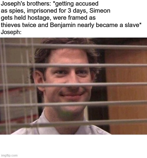 Joseph just pulled the best reunion prank ever | Joseph's brothers: *getting accused as spies, imprisoned for 3 days, Simeon gets held hostage, were framed as thieves twice and Benjamin nearly became a slave*; Joseph: | image tagged in jim office blinds | made w/ Imgflip meme maker