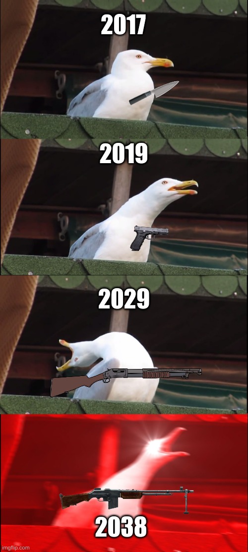 the evolution of self-defense | 2017; 2019; 2029; 2038 | image tagged in memes,inhaling seagull,self defense | made w/ Imgflip meme maker