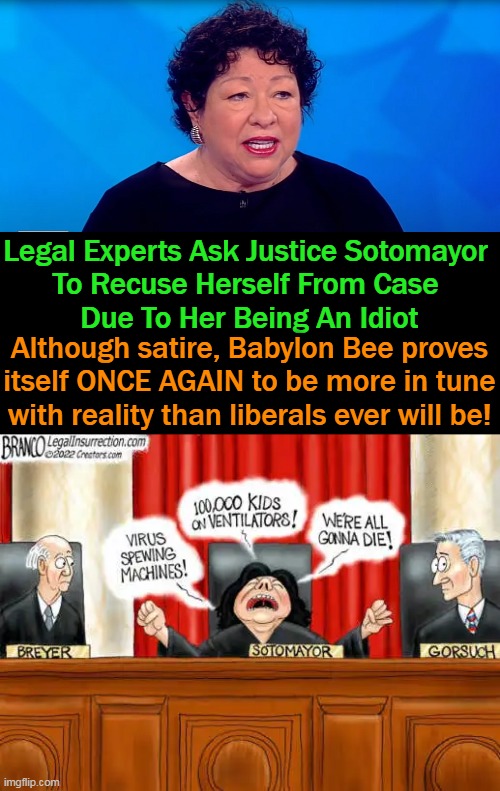 Biden: "I thought it'd be a tough case to win since it's obviously illegal, but I didn't think that wise Latinx woman would dest | Legal Experts Ask Justice Sotomayor 
To Recuse Herself From Case 
Due To Her Being An Idiot; Although satire, Babylon Bee proves itself ONCE AGAIN to be more in tune with reality than liberals ever will be! | image tagged in politics,liberals vs conservatives,supreme court,facts,fiction,liberalism is a mental disorder | made w/ Imgflip meme maker