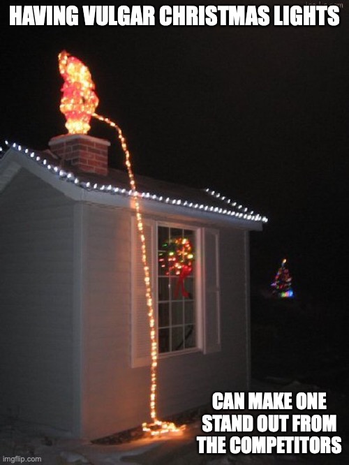 Peeing Santa | HAVING VULGAR CHRISTMAS LIGHTS; CAN MAKE ONE STAND OUT FROM THE COMPETITORS | image tagged in christmas,christmas lights,memes | made w/ Imgflip meme maker