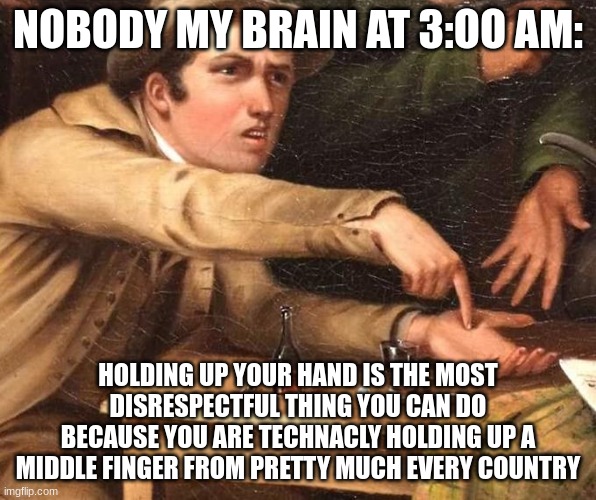 technacly true | NOBODY MY BRAIN AT 3:OO AM:; HOLDING UP YOUR HAND IS THE MOST DISRESPECTFUL THING YOU CAN DO BECAUSE YOU ARE TECHNACLY HOLDING UP A MIDDLE FINGER FROM PRETTY MUCH EVERY COUNTRY | image tagged in memes | made w/ Imgflip meme maker