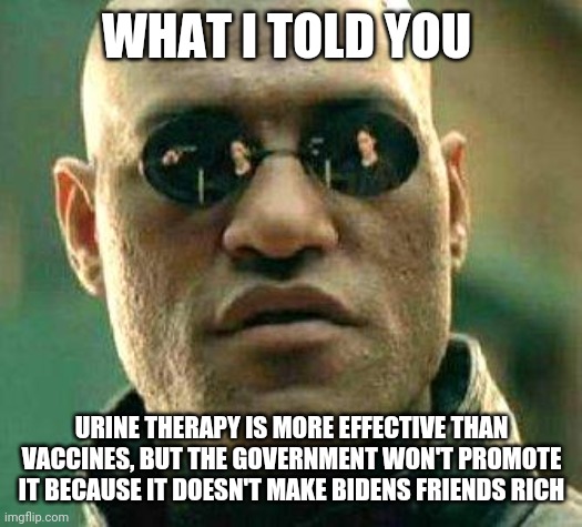 Wake up sheeple | WHAT I TOLD YOU; URINE THERAPY IS MORE EFFECTIVE THAN VACCINES, BUT THE GOVERNMENT WON'T PROMOTE IT BECAUSE IT DOESN'T MAKE BIDENS FRIENDS RICH | image tagged in what if i told you | made w/ Imgflip meme maker
