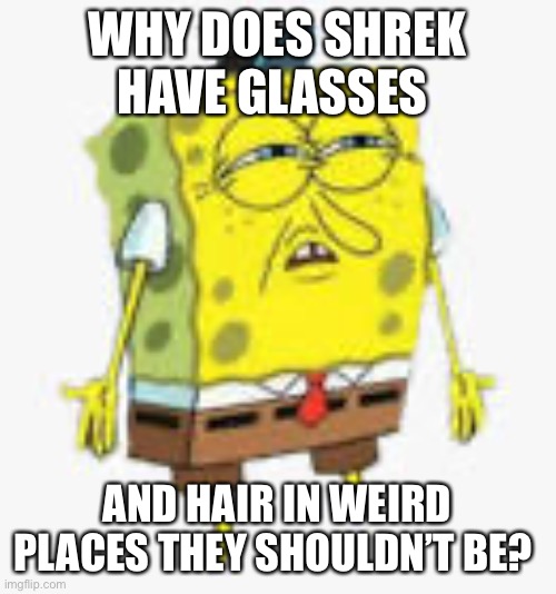 Very confused-bob | WHY DOES SHREK HAVE GLASSES AND HAIR IN WEIRD PLACES THEY SHOULDN’T BE? | image tagged in very confused-bob | made w/ Imgflip meme maker