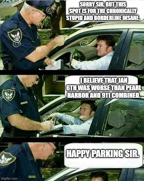 This says it all, really. | SORRY SIR, BUT THIS SPOT IS FOR THE CHRONICALLY STUPID AND BORDERLINE INSANE. I BELIEVE THAT JAN 6TH WAS WORSE THAN PEARL HARBOR AND 911 COMBINED. HAPPY PARKING SIR. | image tagged in handicap parking | made w/ Imgflip meme maker