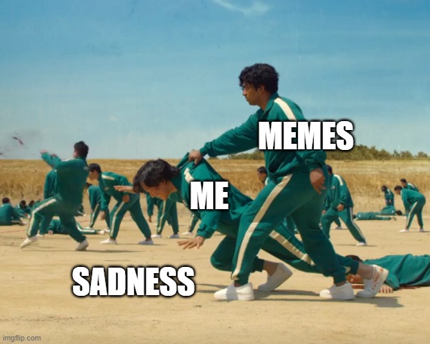 memes is my happy pill | MEMES; ME; SADNESS | image tagged in squid games | made w/ Imgflip meme maker