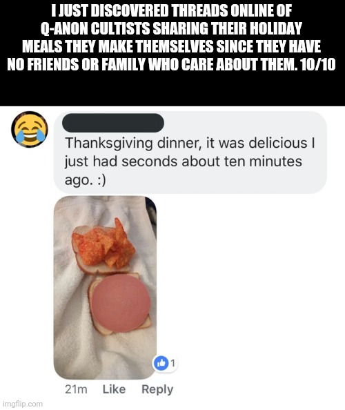 Spoiler alert: They're just as lonely and pathetic as you'd imagine | I JUST DISCOVERED THREADS ONLINE OF Q-ANON CULTISTS SHARING THEIR HOLIDAY MEALS THEY MAKE THEMSELVES SINCE THEY HAVE NO FRIENDS OR FAMILY WHO CARE ABOUT THEM. 10/10 | image tagged in qanon,scumbag republicans,terrorism,terrorists | made w/ Imgflip meme maker