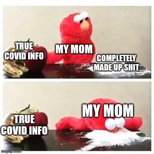 elmo cocaine | MY MOM; TRUE COVID INFO; COMPLETELY MADE UP SHIT; MY MOM; TRUE COVID INFO | image tagged in elmo cocaine | made w/ Imgflip meme maker
