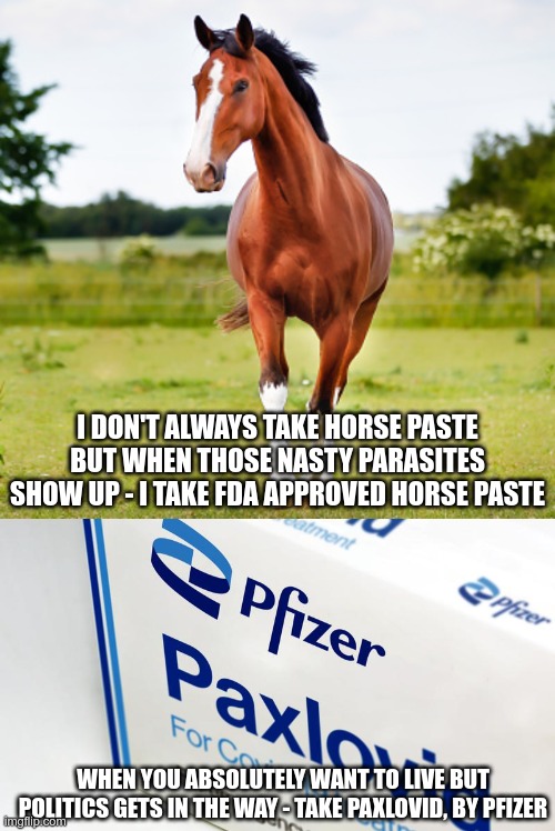 Truth In Advertising | I DON'T ALWAYS TAKE HORSE PASTE BUT WHEN THOSE NASTY PARASITES SHOW UP - I TAKE FDA APPROVED HORSE PASTE; WHEN YOU ABSOLUTELY WANT TO LIVE BUT POLITICS GETS IN THE WAY - TAKE PAXLOVID, BY PFIZER | image tagged in ivermectin,covid-19,big pharma | made w/ Imgflip meme maker