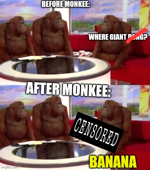 AFTER MONKEE: BEFORE MONKEE: WHERE GIANT DONG? BANANA | image tagged in where monkey | made w/ Imgflip meme maker