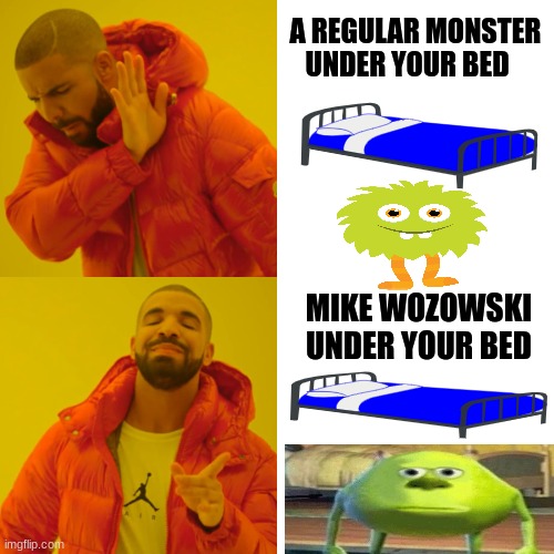 When You have a monsters under your bed |  A REGULAR MONSTER UNDER YOUR BED; MIKE WOZOWSKI UNDER YOUR BED | image tagged in memes,drake hotline bling,mike wazowski | made w/ Imgflip meme maker
