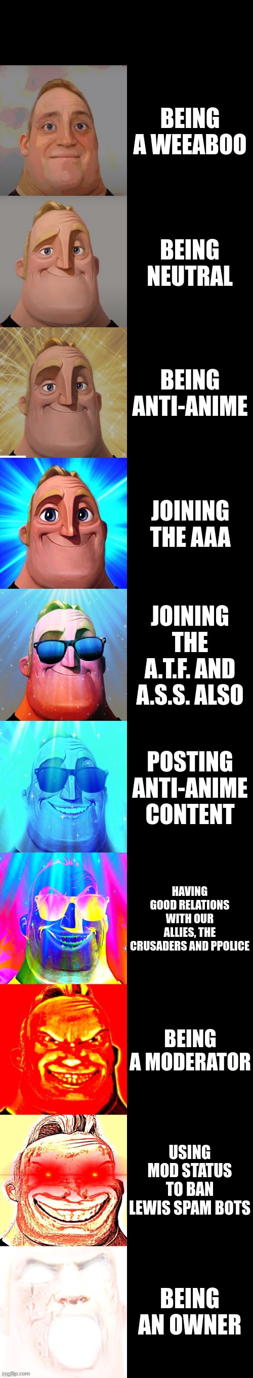 mr incredible becoming canny | BEING A WEEABOO; BEING NEUTRAL; BEING ANTI-ANIME; JOINING THE AAA; JOINING THE A.T.F. AND A.S.S. ALSO; POSTING ANTI-ANIME CONTENT; HAVING GOOD RELATIONS WITH OUR ALLIES, THE CRUSADERS AND PPOLICE; BEING A MODERATOR; USING MOD STATUS TO BAN LEWIS SPAM BOTS; BEING AN OWNER | image tagged in mr incredible becoming canny | made w/ Imgflip meme maker