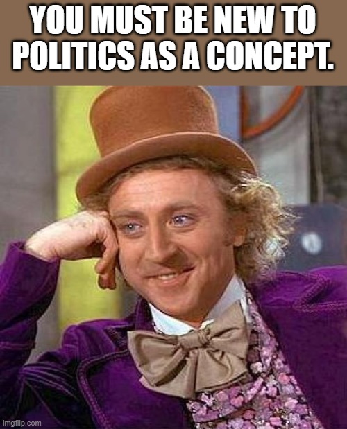 Creepy Condescending Wonka Meme | YOU MUST BE NEW TO POLITICS AS A CONCEPT. | image tagged in memes,creepy condescending wonka | made w/ Imgflip meme maker