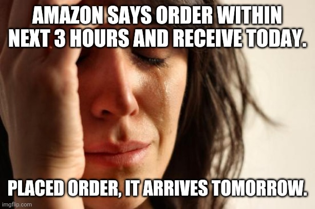 Online Ordering Addict | AMAZON SAYS ORDER WITHIN NEXT 3 HOURS AND RECEIVE TODAY. PLACED ORDER, IT ARRIVES TOMORROW. | image tagged in memes,first world problems | made w/ Imgflip meme maker