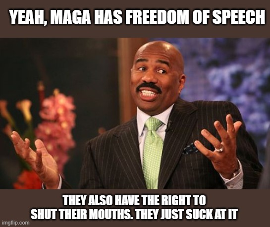 Steve Harvey Meme | YEAH, MAGA HAS FREEDOM OF SPEECH; THEY ALSO HAVE THE RIGHT TO SHUT THEIR MOUTHS. THEY JUST SUCK AT IT | image tagged in memes,steve harvey | made w/ Imgflip meme maker