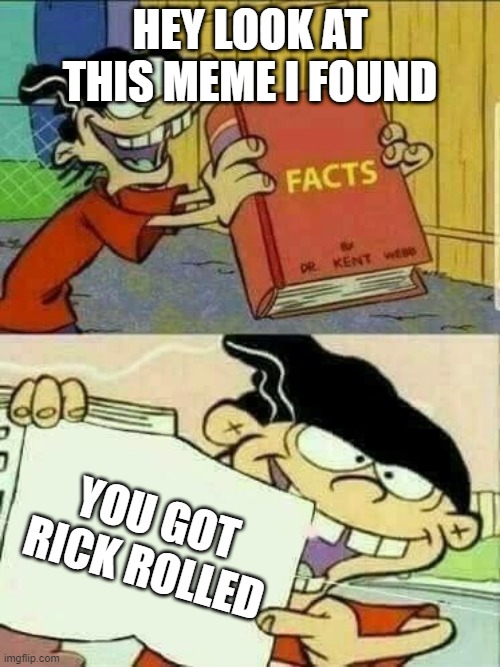 Double d facts book  |  HEY LOOK AT THIS MEME I FOUND; YOU GOT RICK ROLLED | image tagged in double d facts book | made w/ Imgflip meme maker