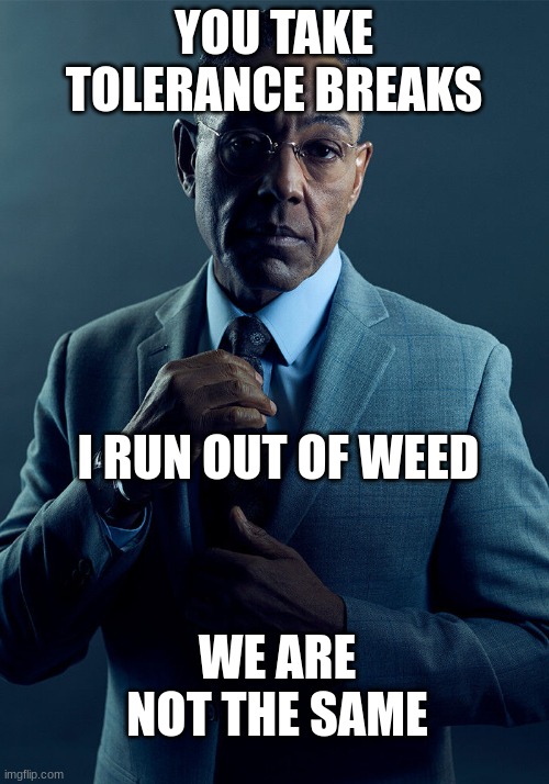 Tolerance breaks | YOU TAKE TOLERANCE BREAKS; I RUN OUT OF WEED; WE ARE NOT THE SAME | image tagged in gus fring we are not the same | made w/ Imgflip meme maker