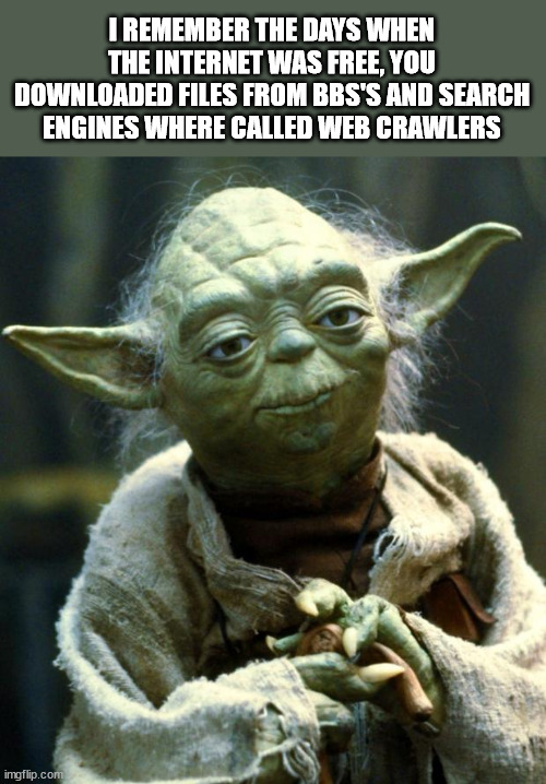 Remember when | I REMEMBER THE DAYS WHEN THE INTERNET WAS FREE, YOU DOWNLOADED FILES FROM BBS'S AND SEARCH ENGINES WHERE CALLED WEB CRAWLERS | image tagged in memes,star wars yoda | made w/ Imgflip meme maker