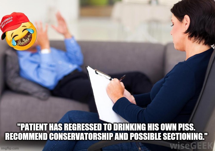 Psychologist | "PATIENT HAS REGRESSED TO DRINKING HIS OWN PISS.
  RECOMMEND CONSERVATORSHIP AND POSSIBLE SECTIONING." | image tagged in psychologist | made w/ Imgflip meme maker