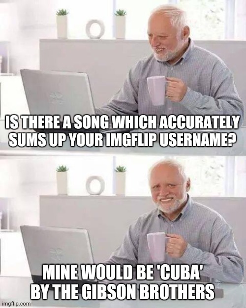 Your imgflip title in a song or ur personality perhap | IS THERE A SONG WHICH ACCURATELY SUMS UP YOUR IMGFLIP USERNAME? MINE WOULD BE 'CUBA' BY THE GIBSON BROTHERS | image tagged in hide the pain harold,titular tunes,anthem | made w/ Imgflip meme maker