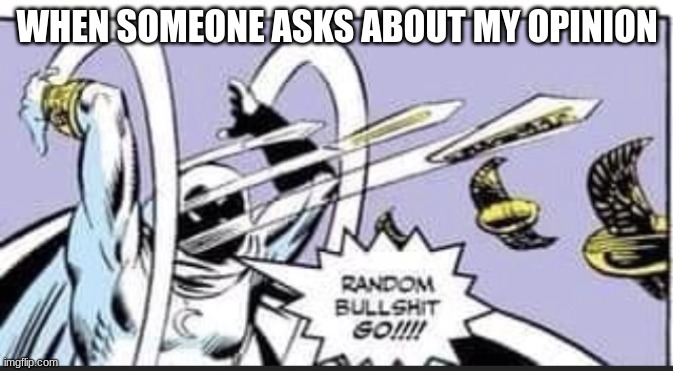 Random Bullshit Go | WHEN SOMEONE ASKS ABOUT MY OPINION | image tagged in random bullshit go | made w/ Imgflip meme maker