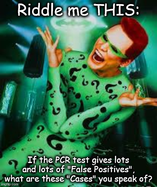 Riddler | Riddle me THIS:; If the PCR test gives lots and lots of "False Positives", what are these "Cases" you speak of? | image tagged in riddler | made w/ Imgflip meme maker