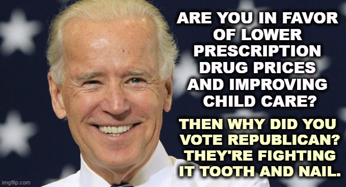 These things can happen if Republicans stop their everlasting obstruction. | ARE YOU IN FAVOR 
OF LOWER 
PRESCRIPTION 
DRUG PRICES 
AND IMPROVING 
CHILD CARE? THEN WHY DID YOU 
VOTE REPUBLICAN? THEY'RE FIGHTING IT TOOTH AND NAIL. | image tagged in president biden with the american flag,democrats,good,things,republicans,block | made w/ Imgflip meme maker