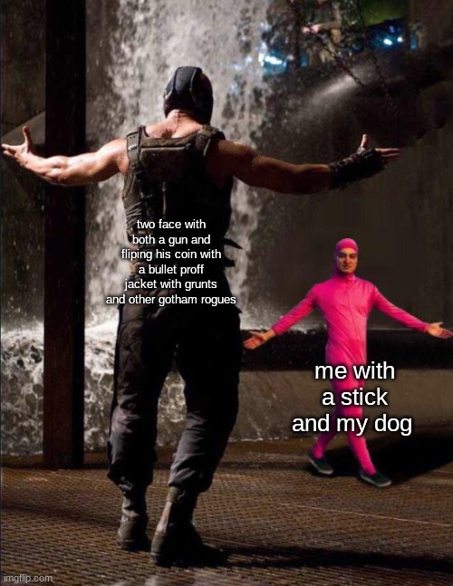 Pink Guy vs Bane | two face with both a gun and fliping his coin with a bullet proff jacket with grunts and other gotham rogues; me with a stick and my dog | image tagged in pink guy vs bane | made w/ Imgflip meme maker