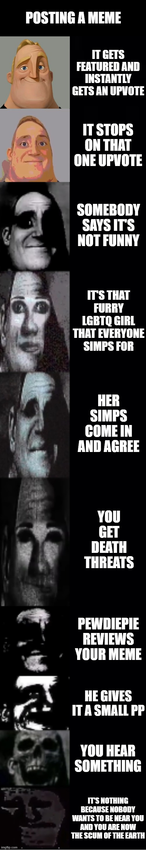 oof | POSTING A MEME; IT GETS FEATURED AND INSTANTLY GETS AN UPVOTE; IT STOPS ON THAT ONE UPVOTE; SOMEBODY SAYS IT'S NOT FUNNY; IT'S THAT FURRY LGBTQ GIRL THAT EVERYONE SIMPS FOR; HER SIMPS COME IN AND AGREE; YOU GET DEATH THREATS; PEWDIEPIE REVIEWS YOUR MEME; HE GIVES IT A SMALL PP; YOU HEAR SOMETHING; IT'S NOTHING BECAUSE NOBODY WANTS TO BE NEAR YOU AND YOU ARE NOW THE SCUM OF THE EARTH | image tagged in mr incredible becoming uncanny | made w/ Imgflip meme maker