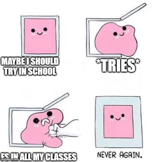 hi | MAYBE I SHOULD TRY IN SCHOOL; *TRIES*; FS IN ALL MY CLASSES | image tagged in never again | made w/ Imgflip meme maker