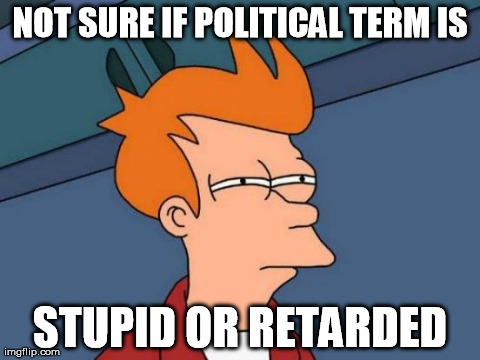 Futurama Fry | NOT SURE IF POLITICAL TERM IS STUPID OR RETARDED | image tagged in memes,futurama fry | made w/ Imgflip meme maker