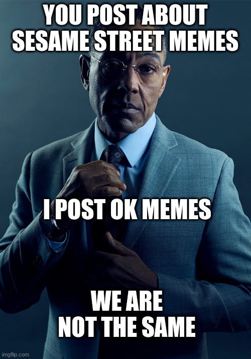 and yes thats how you spell sesame | YOU POST ABOUT SESAME STREET MEMES; I POST OK MEMES; WE ARE NOT THE SAME | image tagged in gus fring we are not the same,sesame street,why can't you just be normal | made w/ Imgflip meme maker