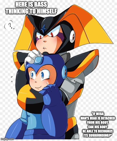 Bass Holding Mega Man | HERE IS BASS THINKING TO HIMSELF; "IF MEGA MAN'S HEAD IS DETACHED FROM HIS BODY, CAN HIS BODY BE ABLE TO RECOGNIZE ITS SURROUNDING?" | image tagged in megaman,bass,memes | made w/ Imgflip meme maker