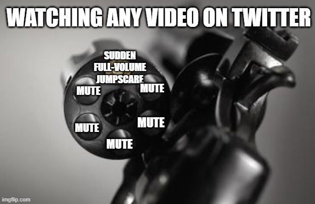 will you take the risk | WATCHING ANY VIDEO ON TWITTER; SUDDEN FULL-VOLUME JUMPSCARE; MUTE; MUTE; MUTE; MUTE; MUTE | image tagged in russian roulette | made w/ Imgflip meme maker