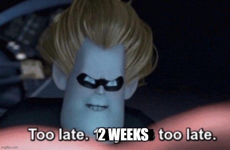 Too Late | 2 WEEKS | image tagged in too late | made w/ Imgflip meme maker
