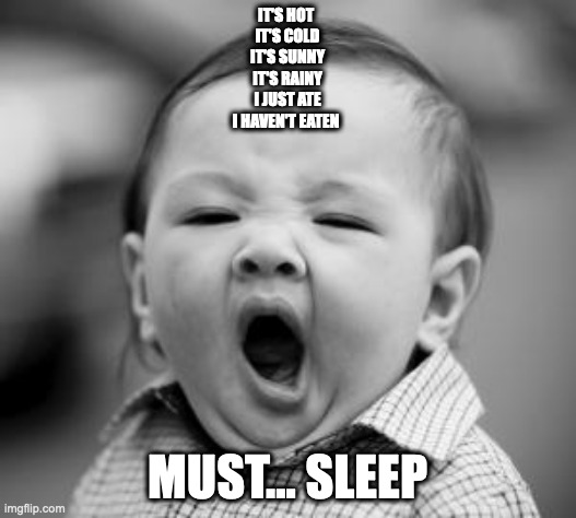 sleepy baby | IT'S HOT 
IT'S COLD
IT'S SUNNY
IT'S RAINY
I JUST ATE
I HAVEN'T EATEN; MUST... SLEEP | image tagged in sleepy baby | made w/ Imgflip meme maker