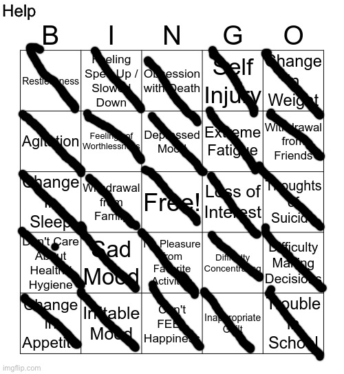 depression bingo 1 | Help | image tagged in depression bingo 1 | made w/ Imgflip meme maker