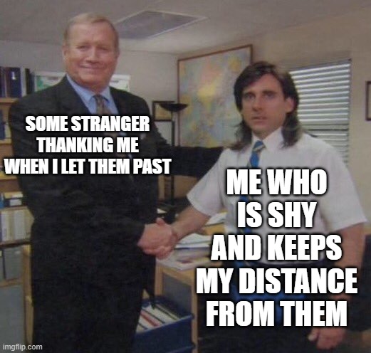 ... | SOME STRANGER THANKING ME WHEN I LET THEM PAST; ME WHO IS SHY AND KEEPS MY DISTANCE FROM THEM | image tagged in the office congratulations | made w/ Imgflip meme maker