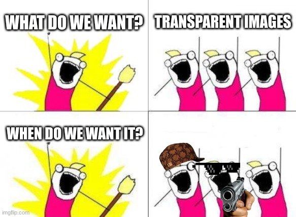 lol | WHAT DO WE WANT? TRANSPARENT IMAGES; WHEN DO WE WANT IT? | image tagged in memes,what do we want | made w/ Imgflip meme maker