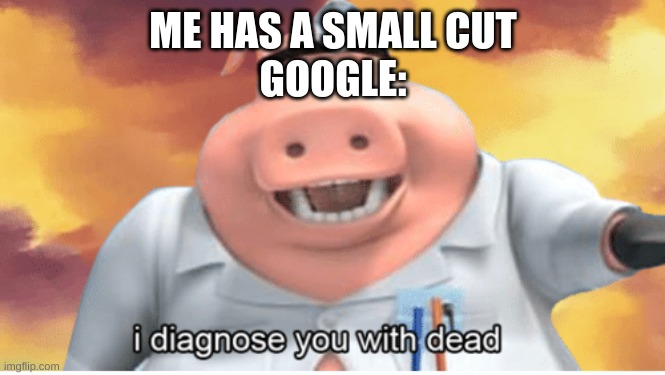 I diagnose you with dead | ME HAS A SMALL CUT
GOOGLE: | image tagged in i diagnose you with dead | made w/ Imgflip meme maker